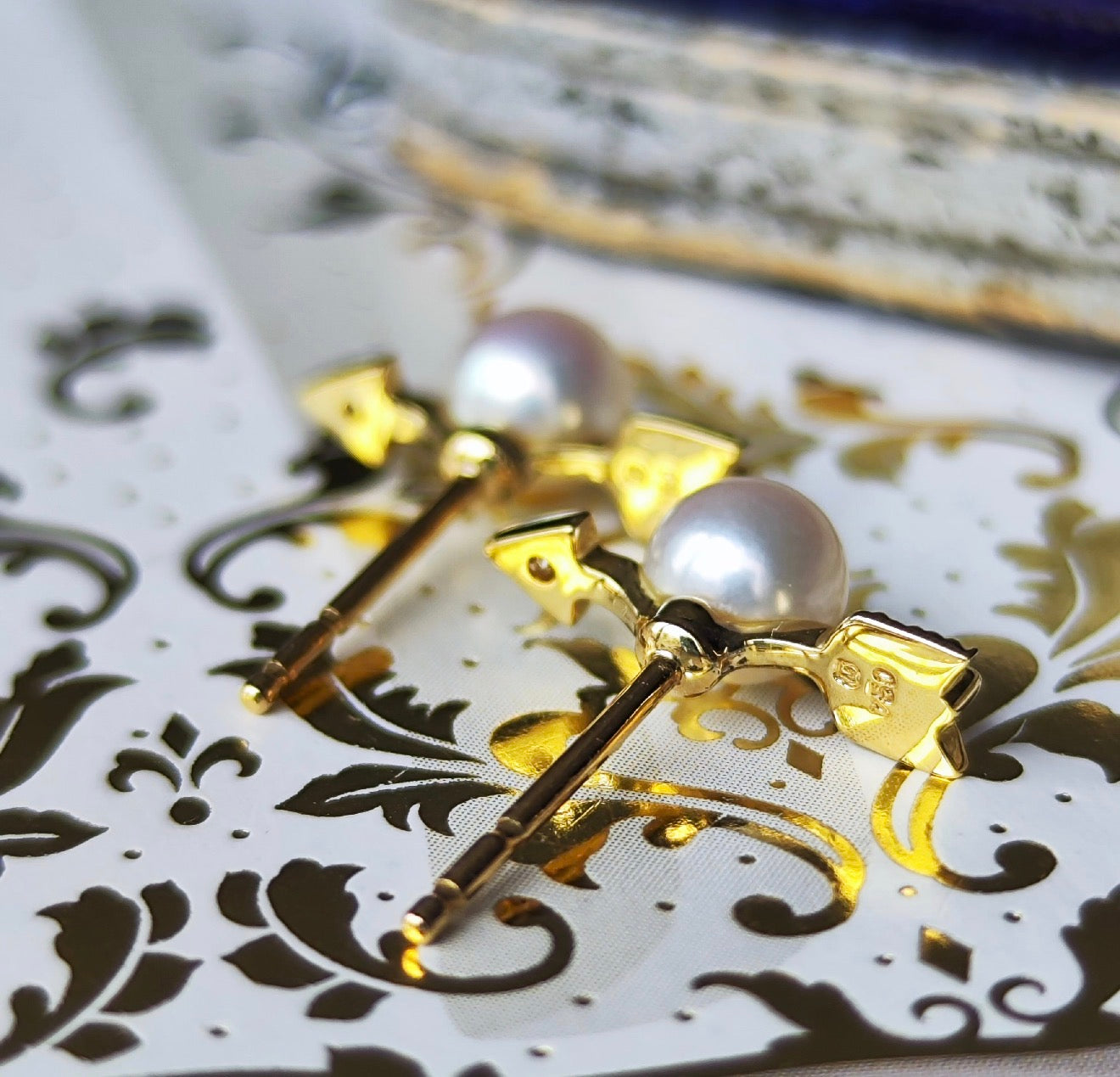 MIKIMOTO ミキモト 矢のモチーフ あこや真珠 天然ダイヤモンド 18金ピアス