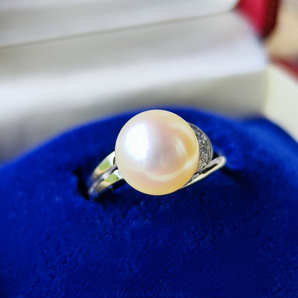 【オールドミキモト 】MIKIMOTO ミキモト あこや真珠 ダイヤモンド 14金リング 手彫り風の刻印