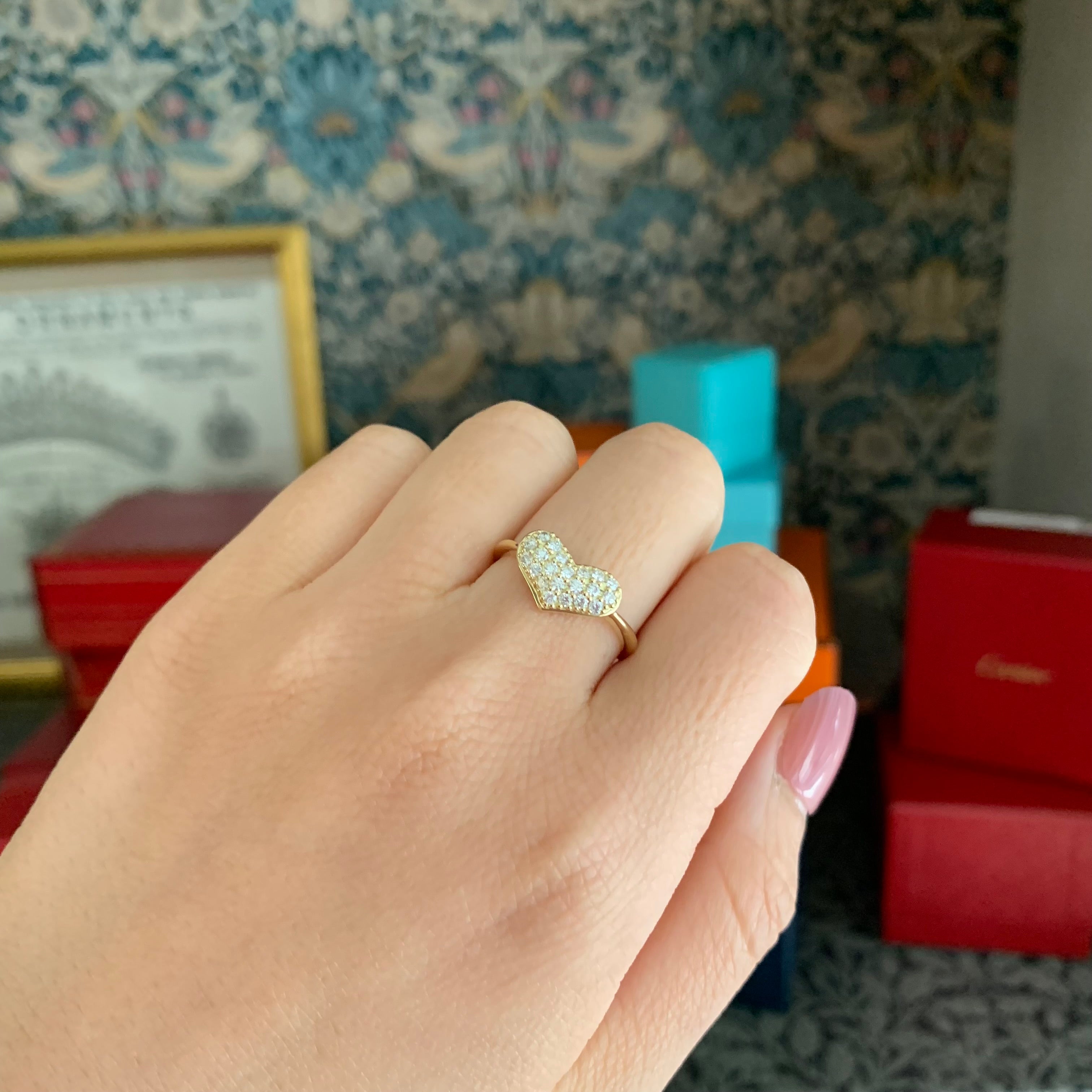 18k 金 ブラックダイヤモンド オープンハート パヴェリング　出品最終日大特価 お値下げ】全石ハート&キューピッド 天然ダイヤモンド ハート型 パヴェ