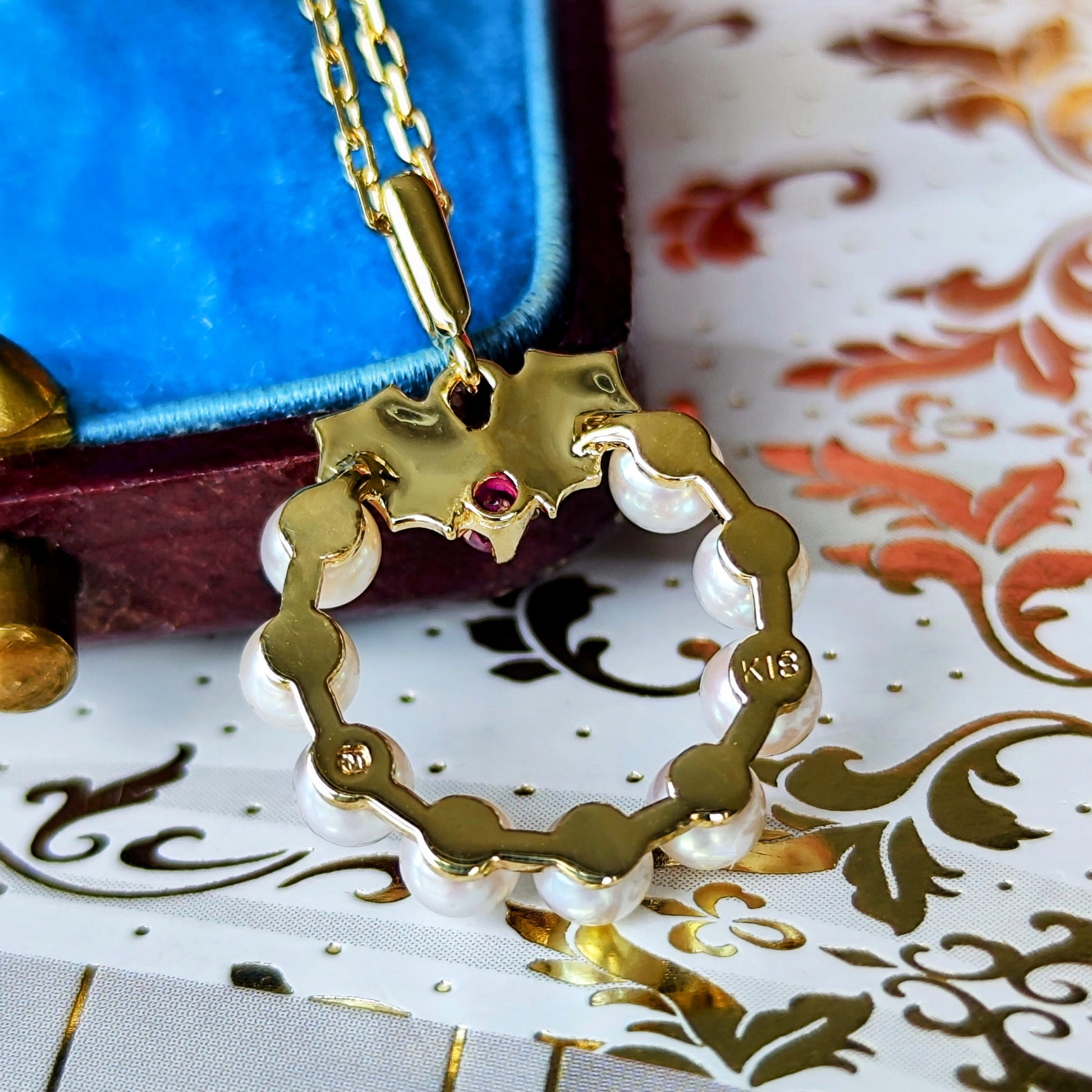 MIKIMOTO ミキモト リースモチーフ 天然ルビー あこや真珠 ネックレス