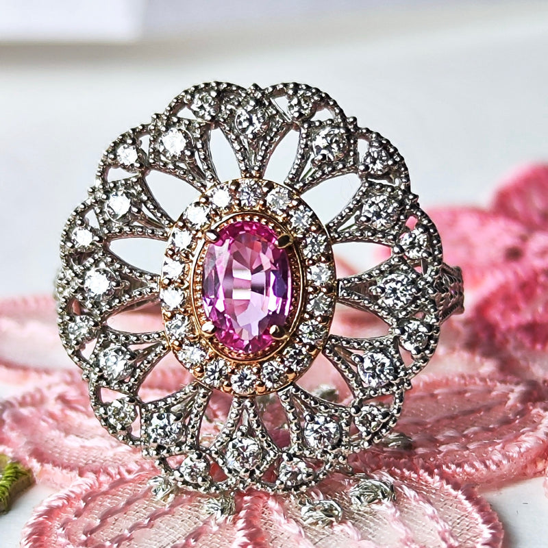 【再出品】天然パパラチアサファイア 天然ダイヤモンド リング