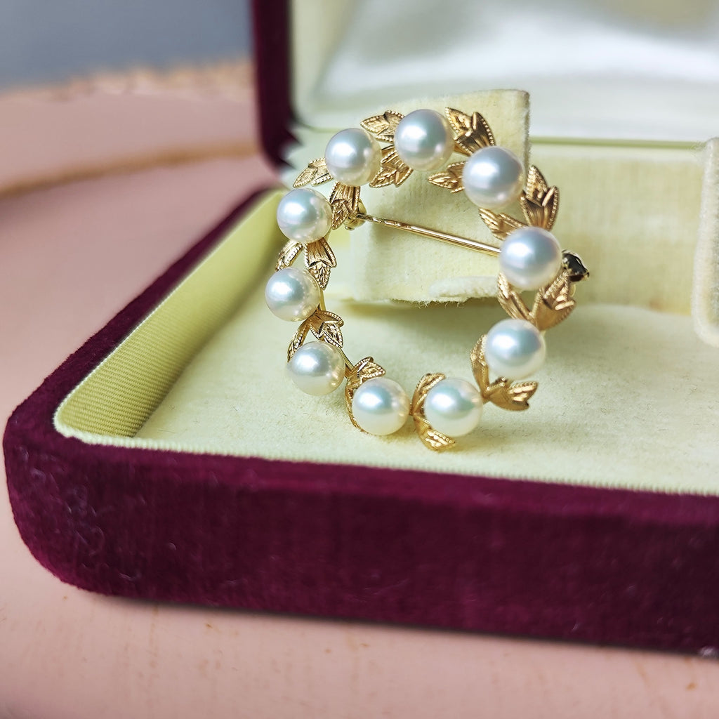 MIKIMOTO ミキモト あこや真珠 リースモチーフ ヴィンテージブローチ
