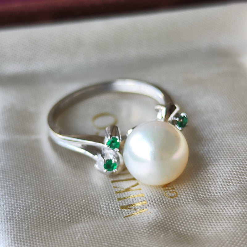 MIKIMOTO ミキモト あこや真珠 天然エメラルド 陽刻 ヴィンテージリング