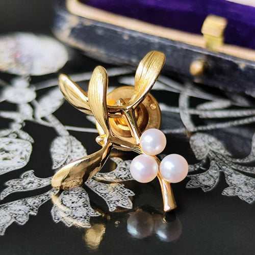 MIKIMOTO ミキモト ヤドリギモチーフ あこや真珠 ブローチ