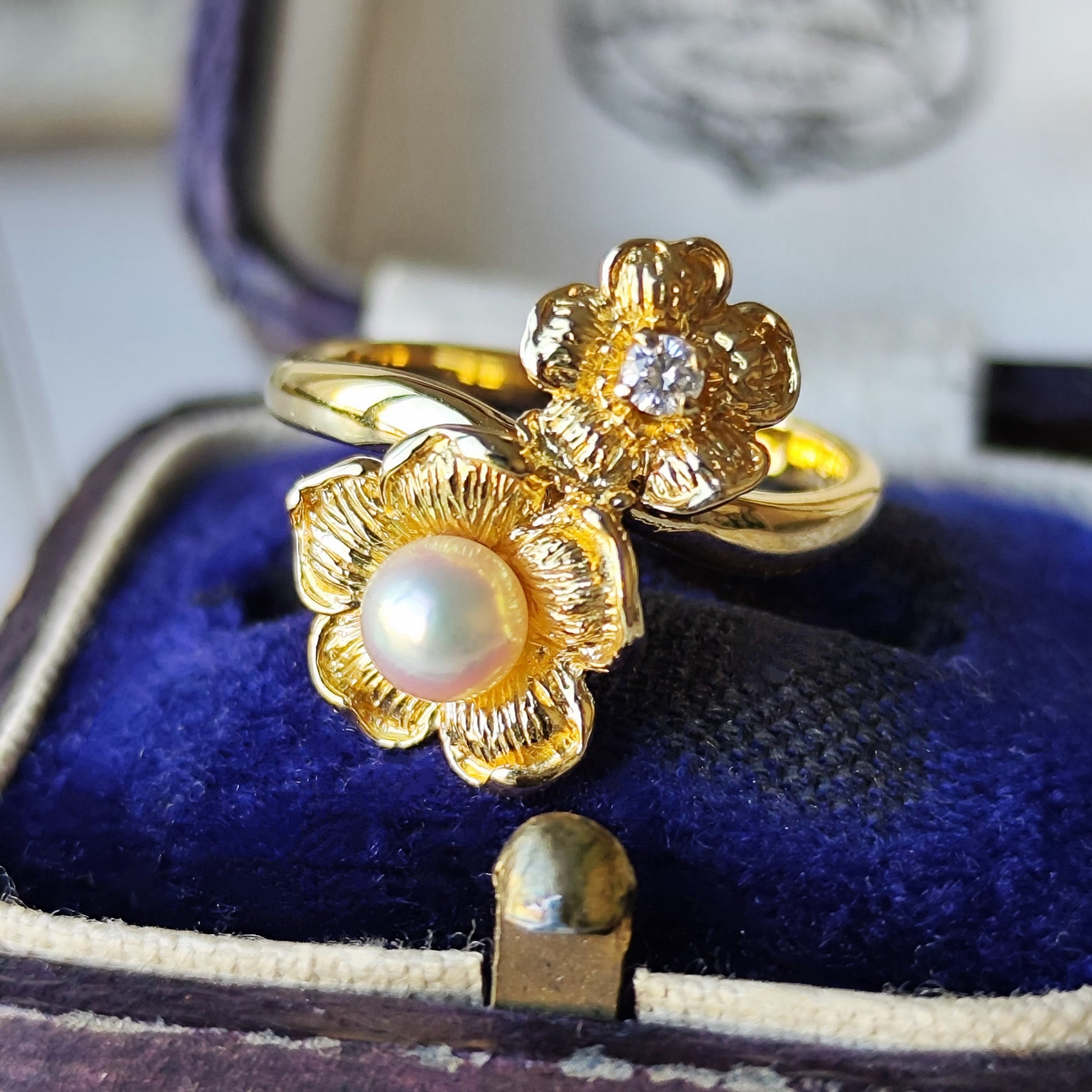 MIKIMOTO ミキモト フラワーリング 天然ダイヤモンド あこや真珠 18金