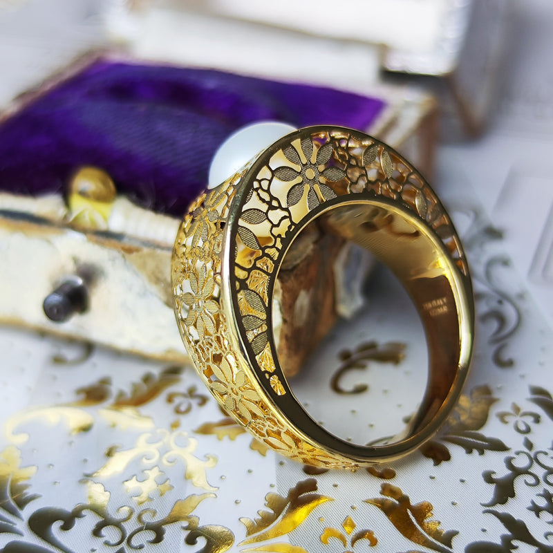 あこや真珠 透かし模様 イタリア 18金リング