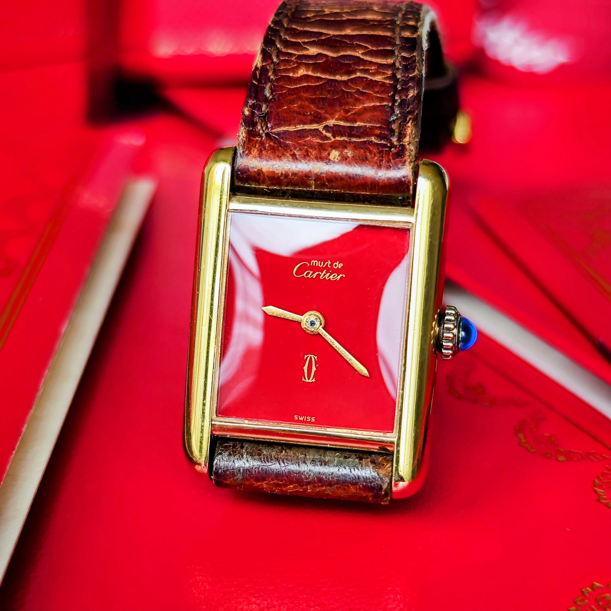 【OH済み】Cartier カルティエ マストタンク レッド文字盤 手巻き腕時計