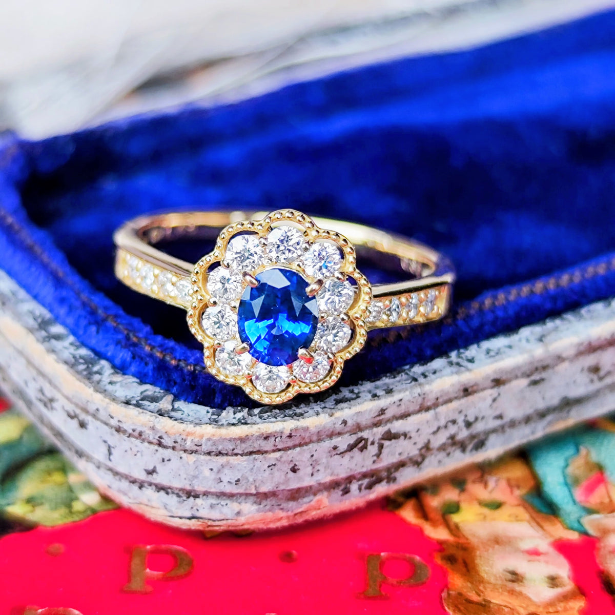 【コーンフラワー】天然サファイア 0.48ct 天然ダイヤモンド 18金リング