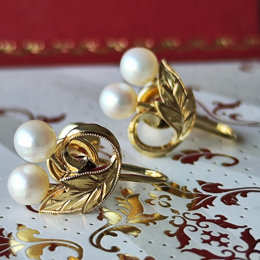 MIKIMOTO ミキモト あこや真珠 和彫り ヴィンテージイヤリング