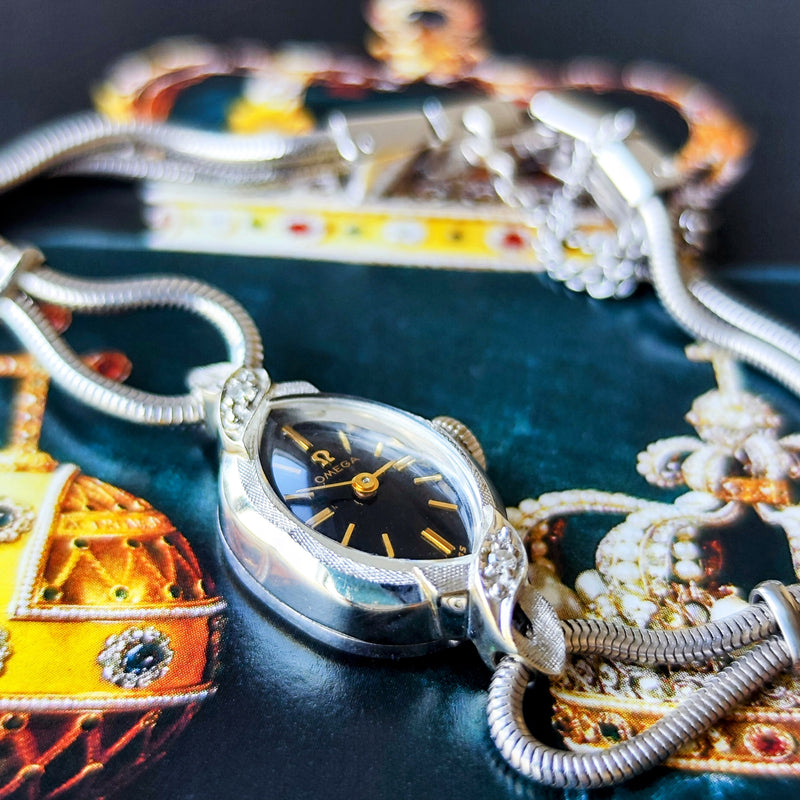 【OH済み 14金無垢時計】OMEGA オメガ 黒文字盤 ダイヤモンドベゼル カクテルウォッチ