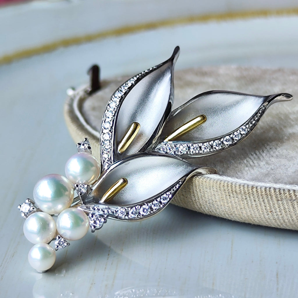 MIKIMOTO ミキモト 水芭蕉 あこや真珠 ダイヤモンド ブローチ