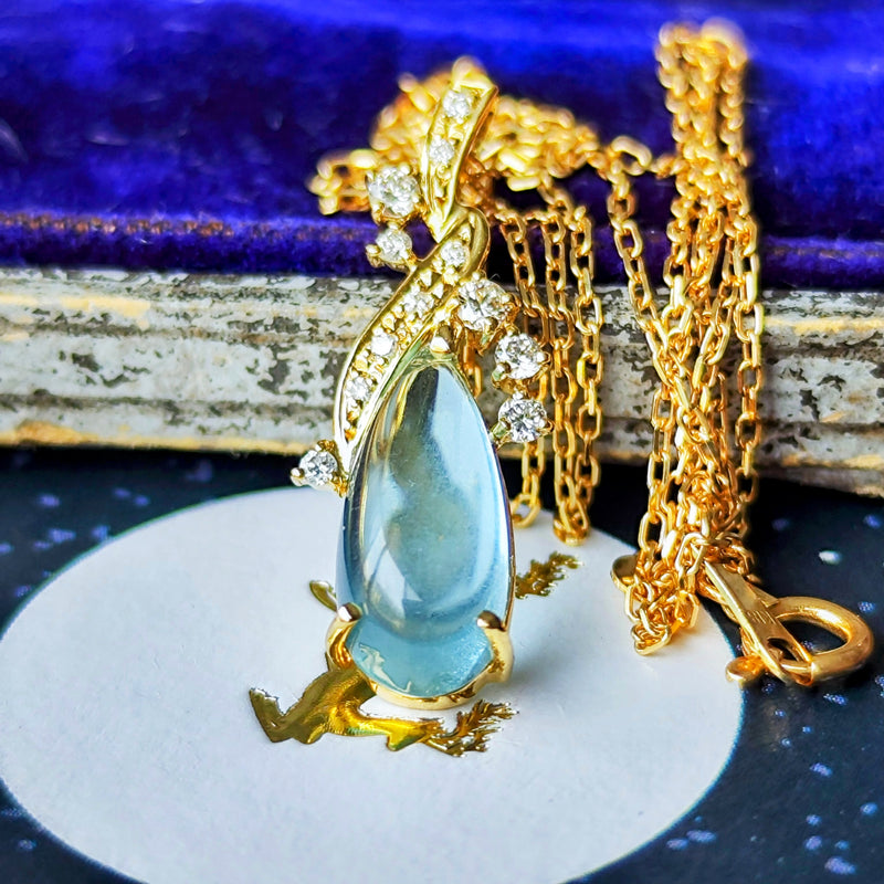 天然アクアマリンキャッツアイ 天然ダイヤモンド ネックレス