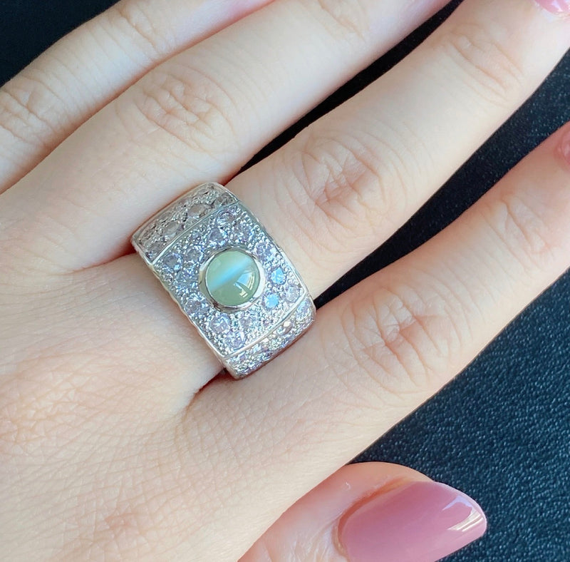 天然クリソベリルキャッツアイ 天然ピンクダイヤモンド プラチナリング