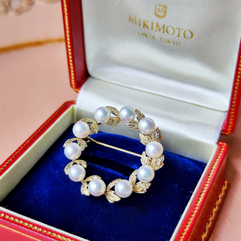 MIKIMOTO ミキモト リース型 月桂樹 ヴィンテージブローチ 14金