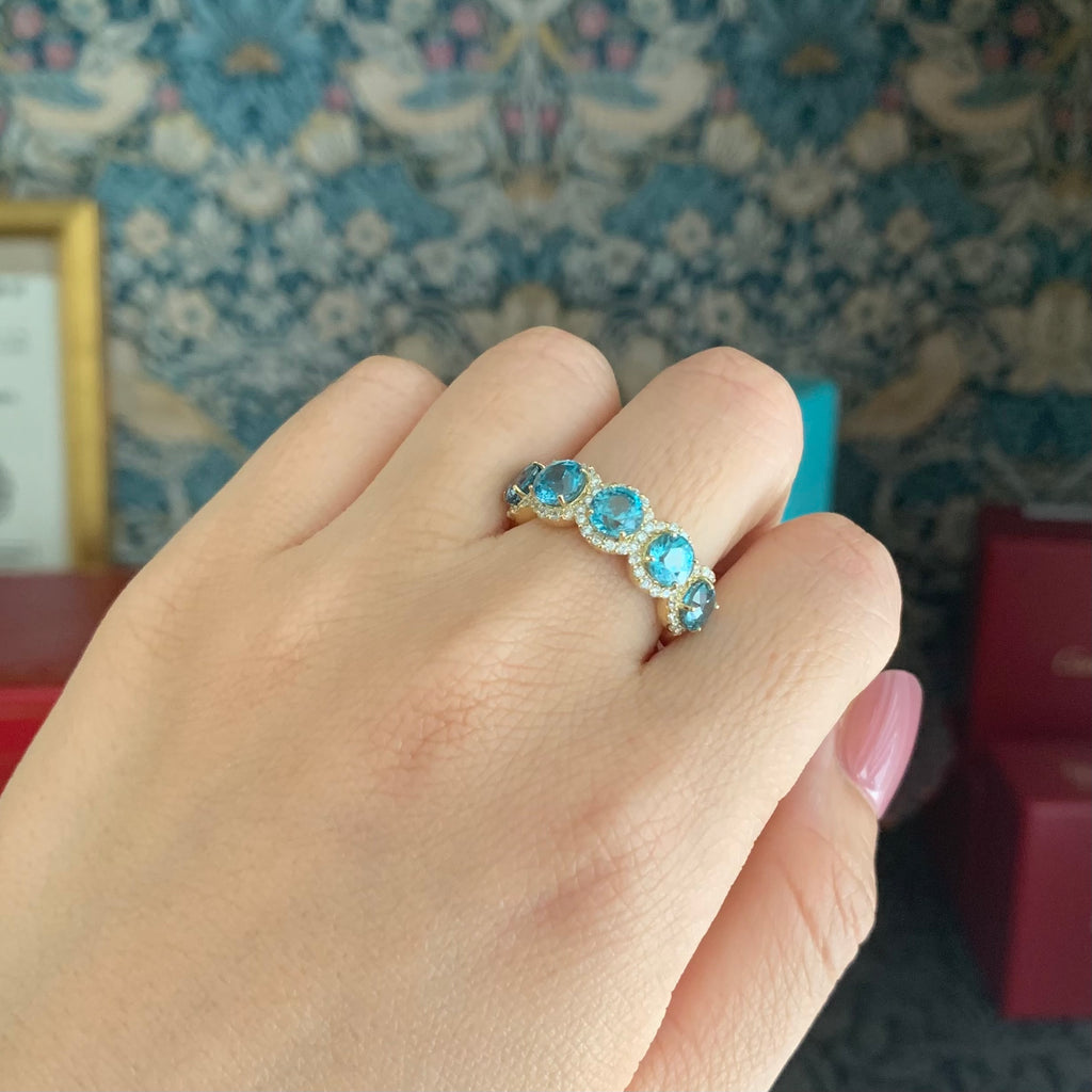 【5石】天然ブルージルコン 4.24ct 天然ダイヤモンド 18金リング