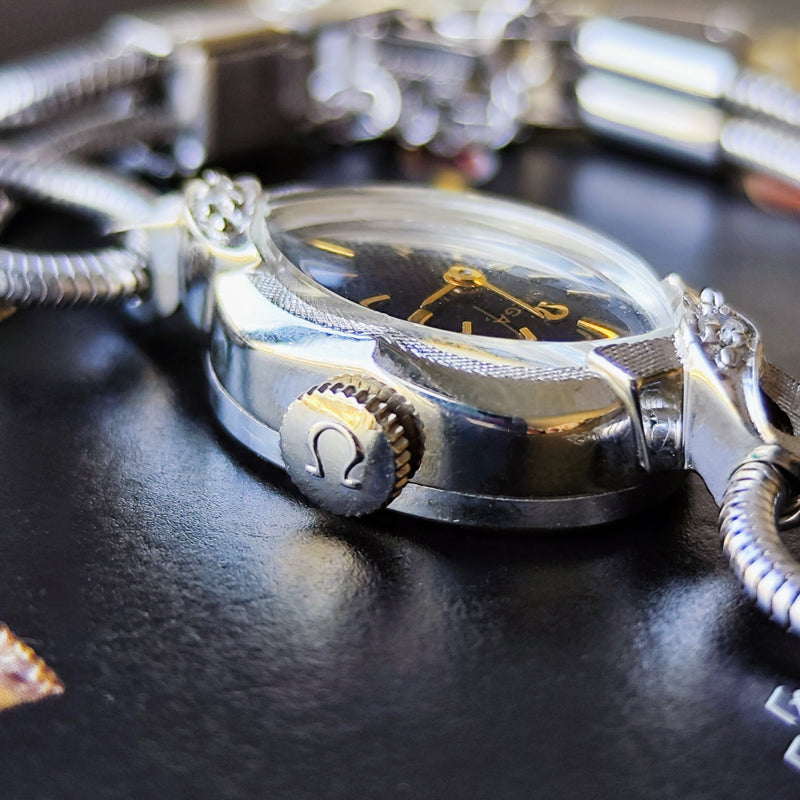 【OH済み 14金無垢時計】OMEGA オメガ 黒文字盤 ダイヤモンドベゼル カクテルウォッチ