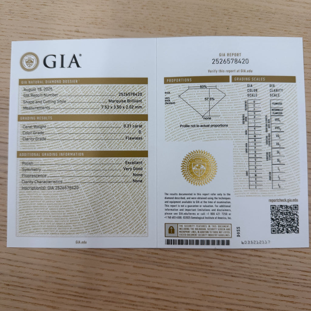 【最高級品質】天然ダイヤモンド0.31ct フローレス Dカラー マーキス GIA