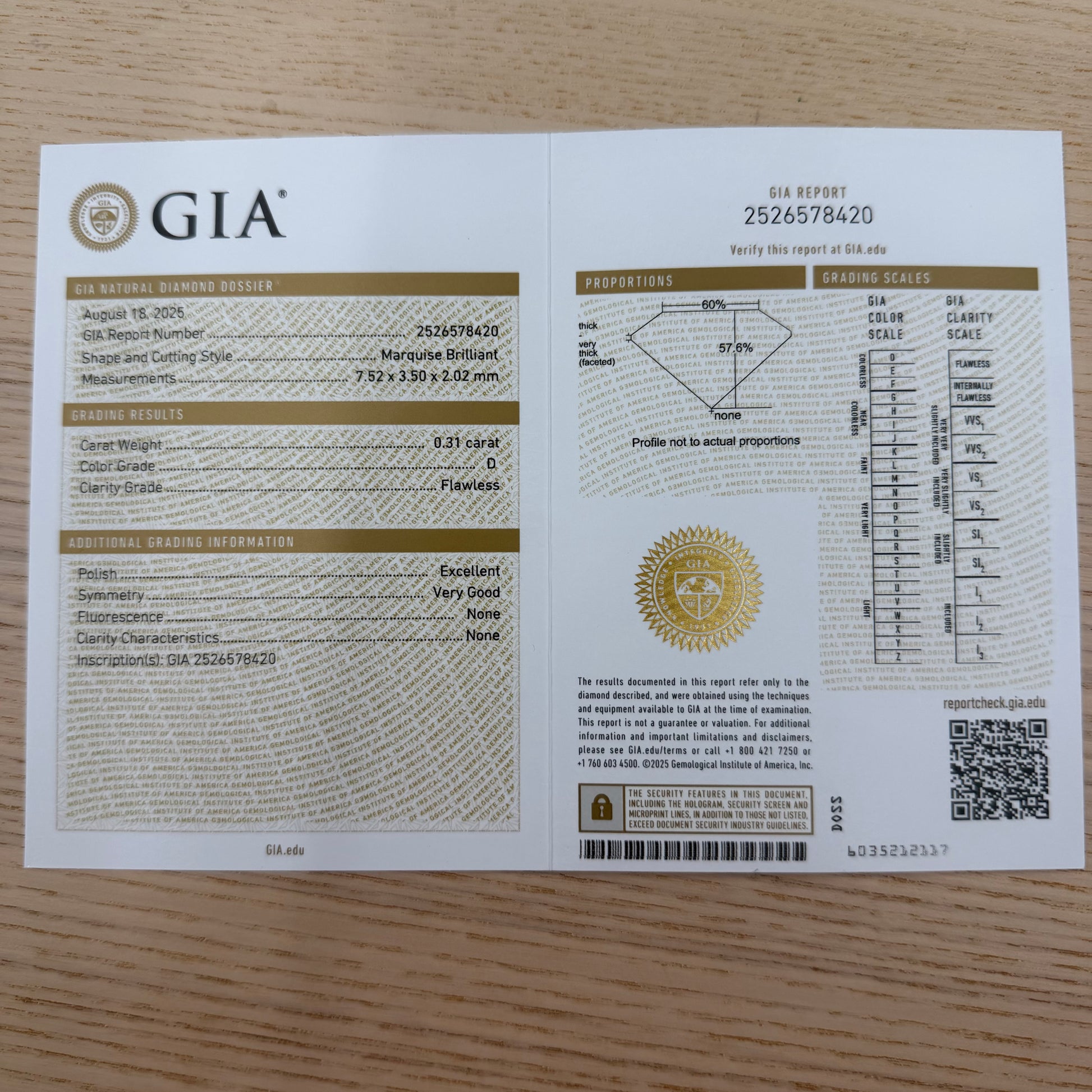 【最高級品質】天然ダイヤモンド0.31ct フローレス Dカラー マーキス GIA