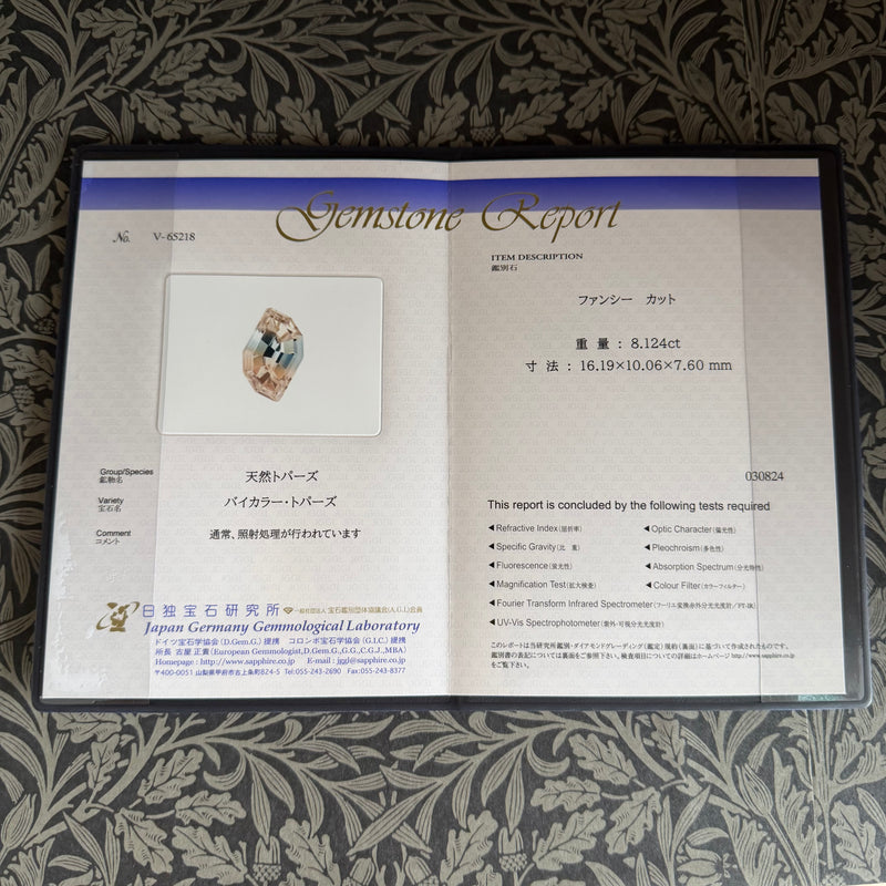 【ルース】天然バイカラートパーズ ウクライナ産 8.124ct 鑑別書付き