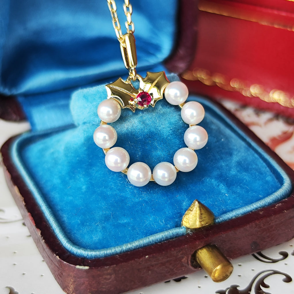 MIKIMOTO ミキモト リースモチーフ 天然ルビー あこや真珠 ネックレス