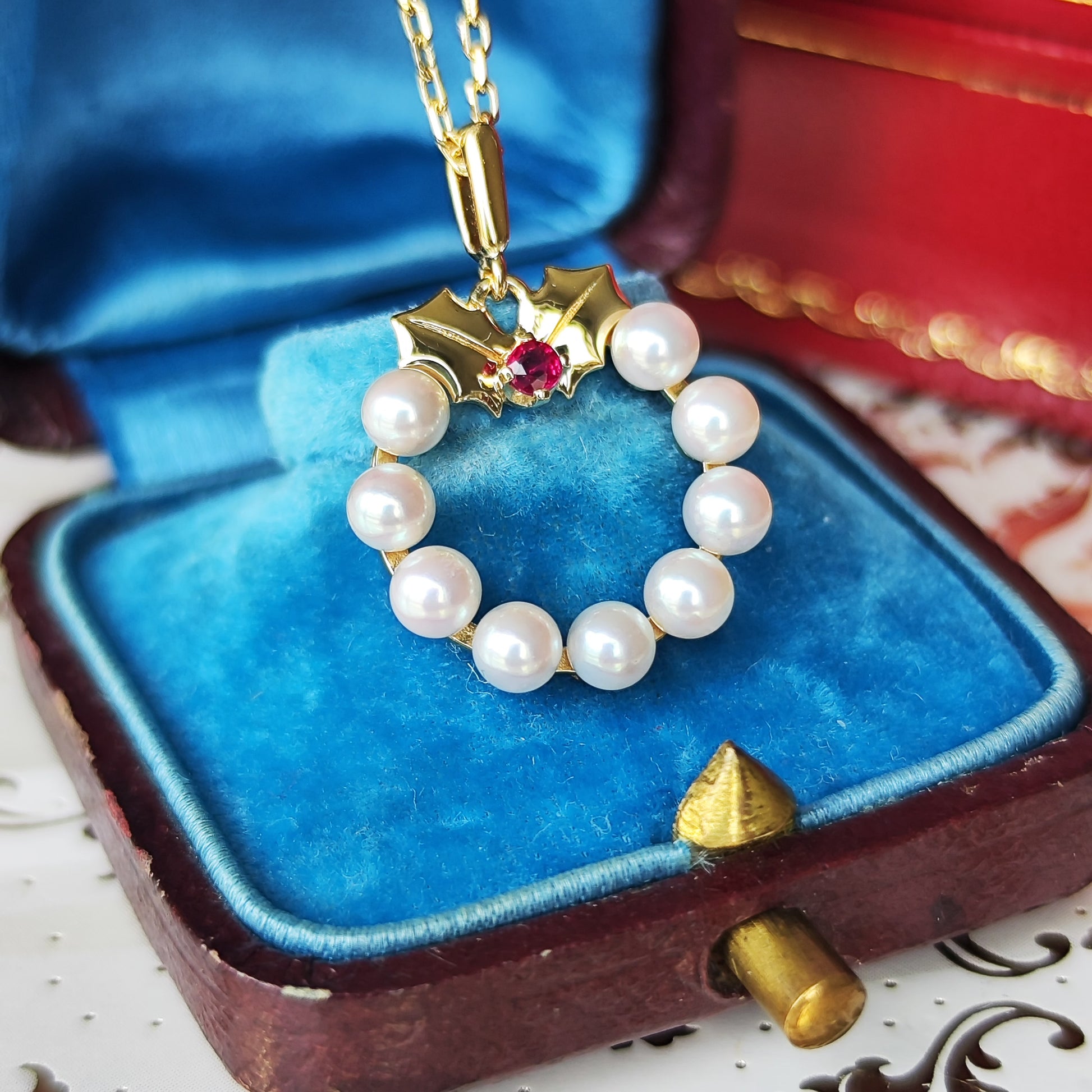 MIKIMOTO ミキモト リースモチーフ 天然ルビー あこや真珠 ネックレス