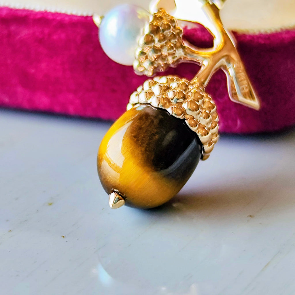 MIKIMOTO ミキモト ドングリのモチーフ タイガーアイ あこや真珠 ブローチ