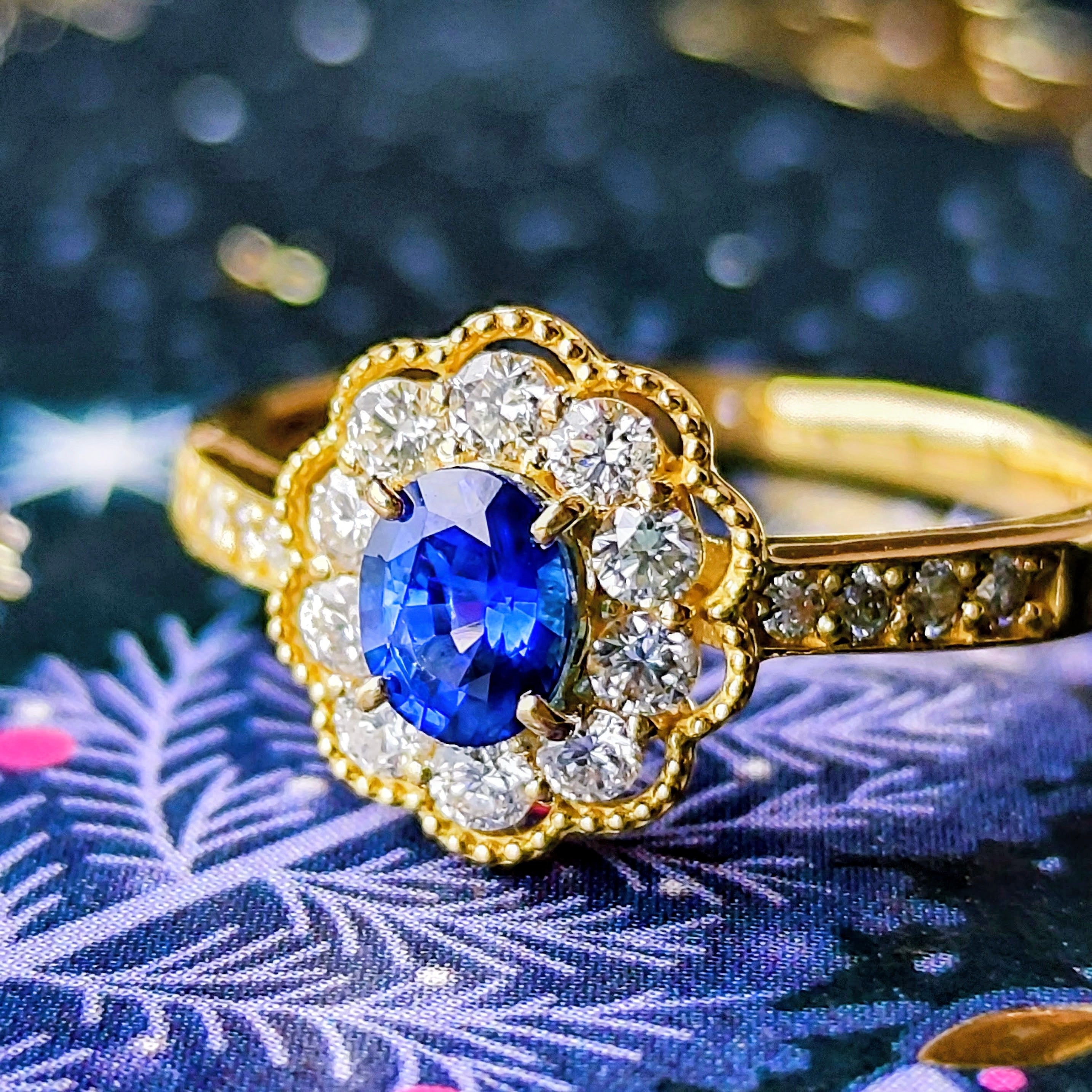 コーンフラワー】天然サファイア 0.48ct 天然ダイヤモンド 18金リング
