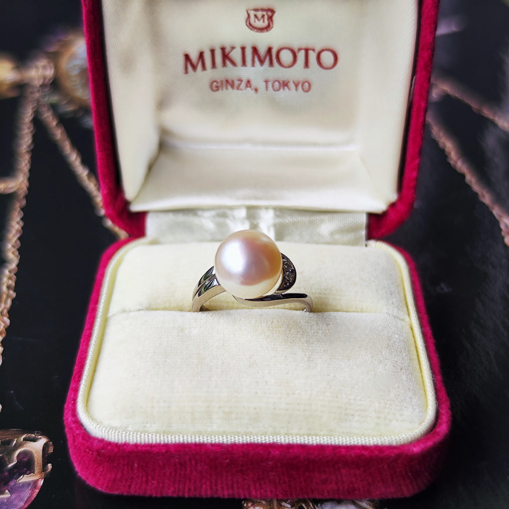 【オールドミキモト 】MIKIMOTO ミキモト あこや真珠 ダイヤモンド 14金リング 手彫り風の刻印