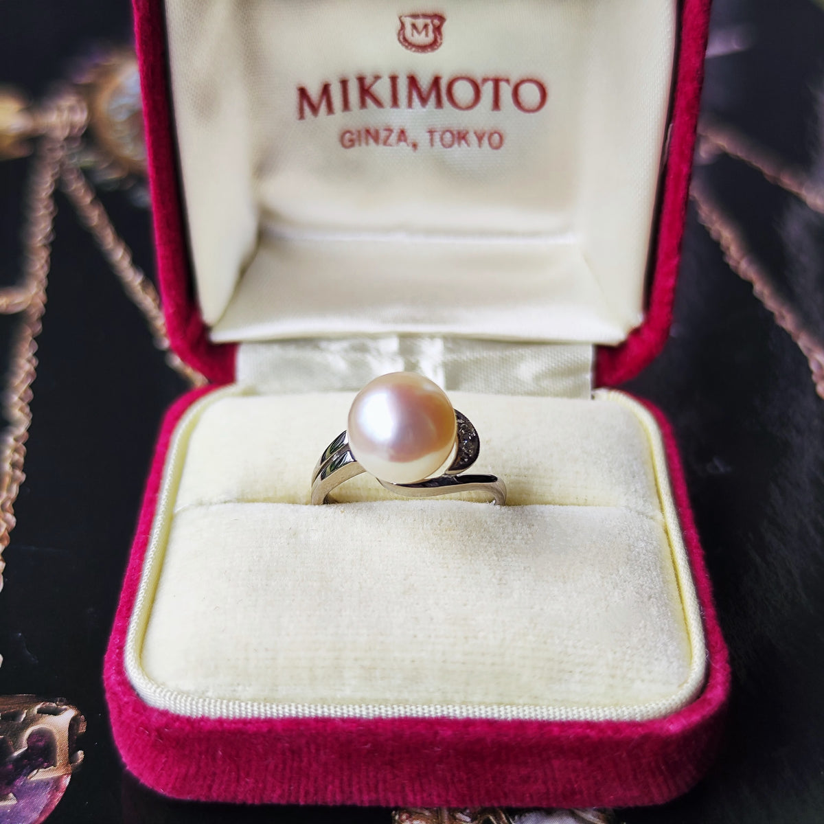 【オールドミキモト 】MIKIMOTO ミキモト あこや真珠 ダイヤモンド 14金リング 手彫り風の刻印