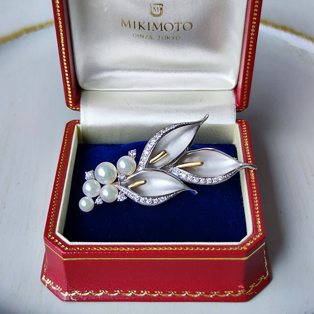 MIKIMOTO ミキモト 水芭蕉 あこや真珠 ダイヤモンド ブローチ