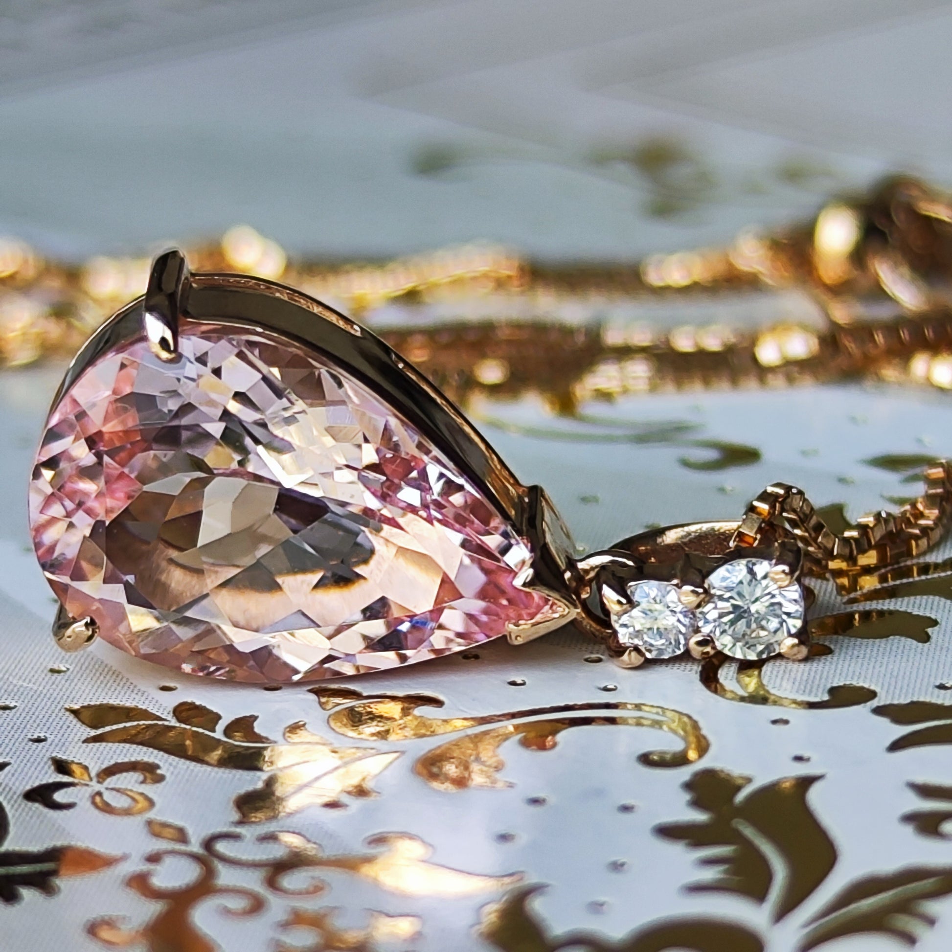 【大粒 3.01ct】天然モルガナイト 天然ダイヤモンド ネックレス