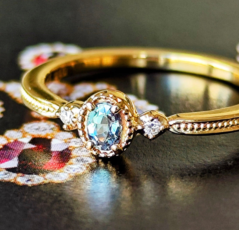 天然アレキサンドライト 天然ダイヤモンド 18金リング