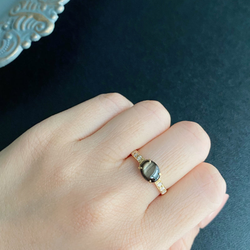 【魅惑の黒い宝石】天然ブラックスターサファイア 天然ダイヤモンド リング