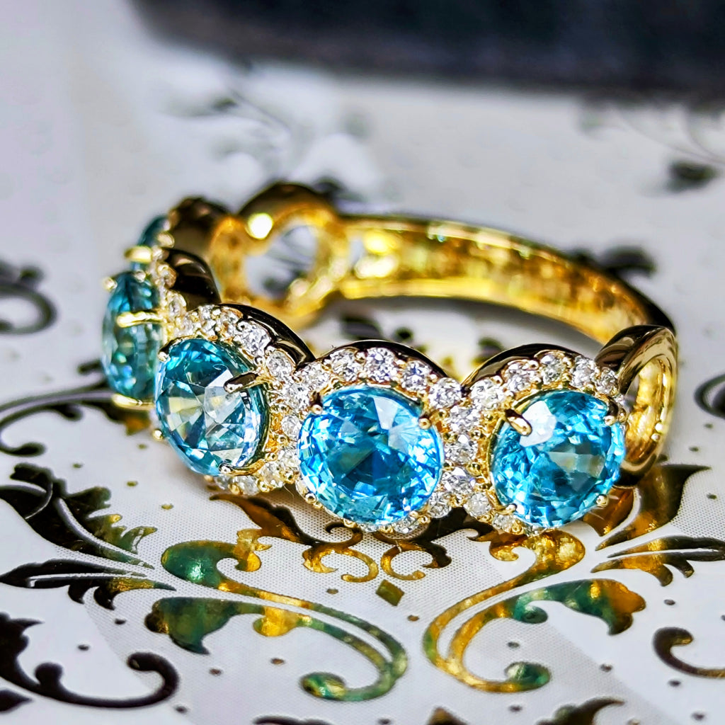 【5石】天然ブルージルコン 4.24ct 天然ダイヤモンド 18金リング