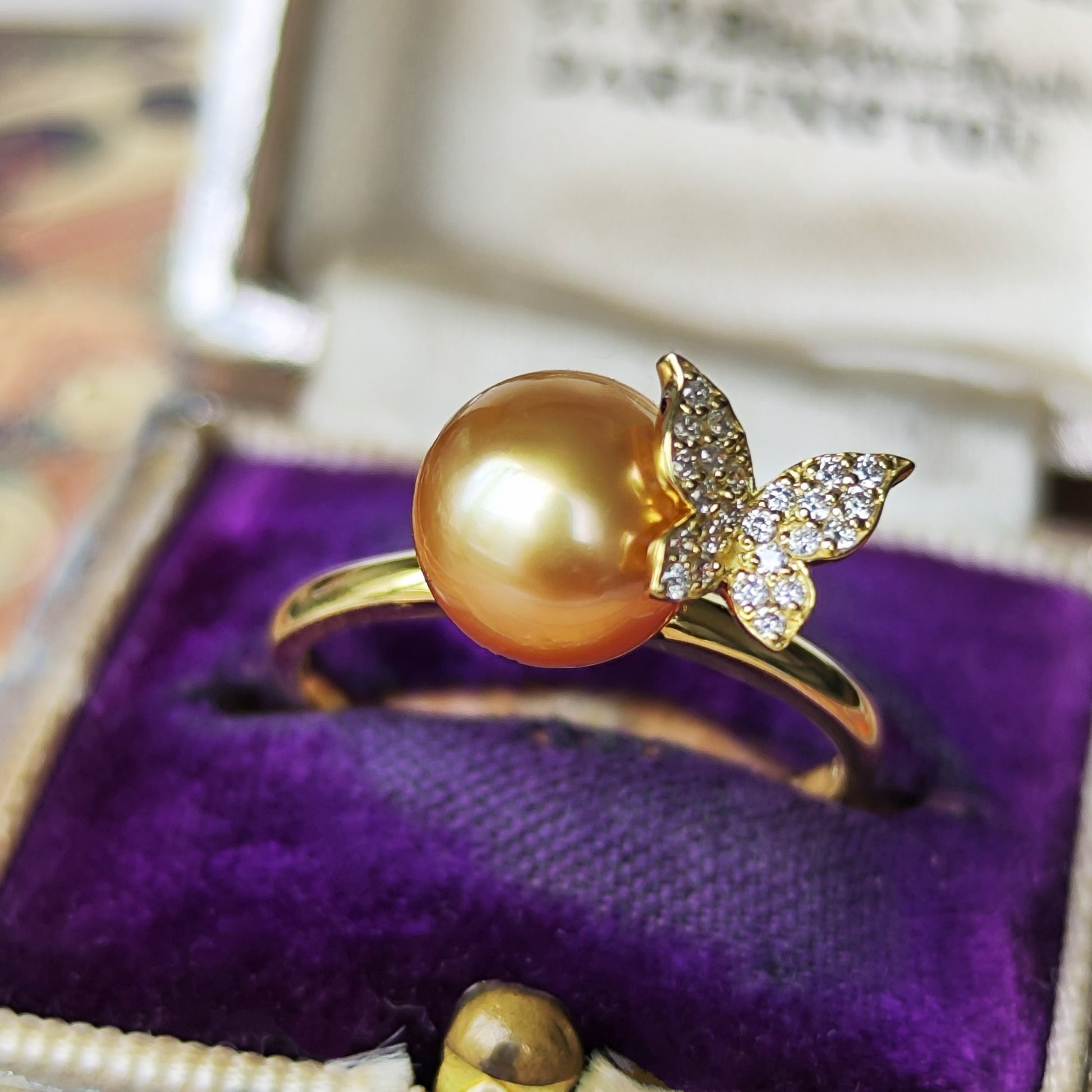 白蝶ゴールデンパール 天然ダイヤモンド 18金リング