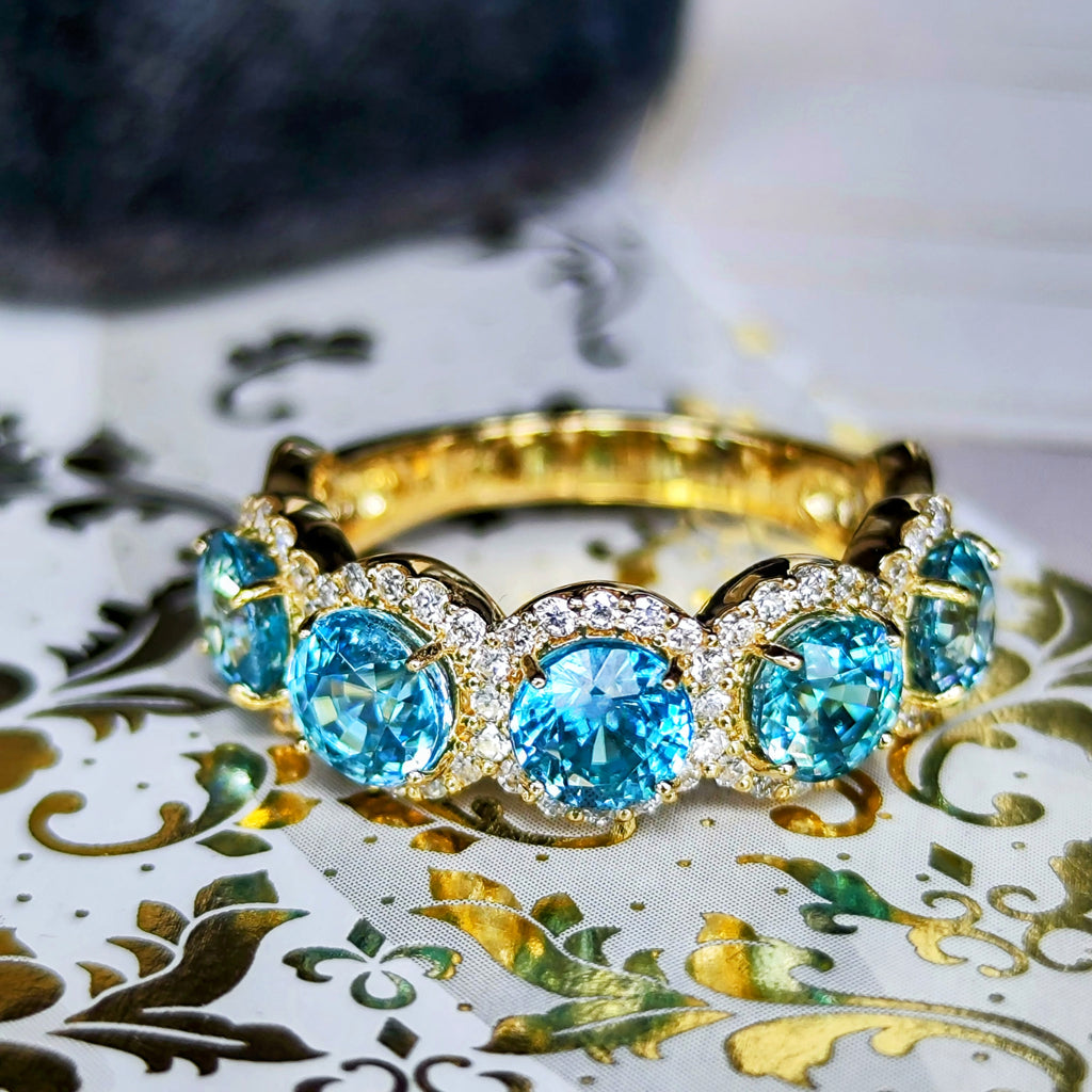 【5石】天然ブルージルコン 4.24ct 天然ダイヤモンド 18金リング