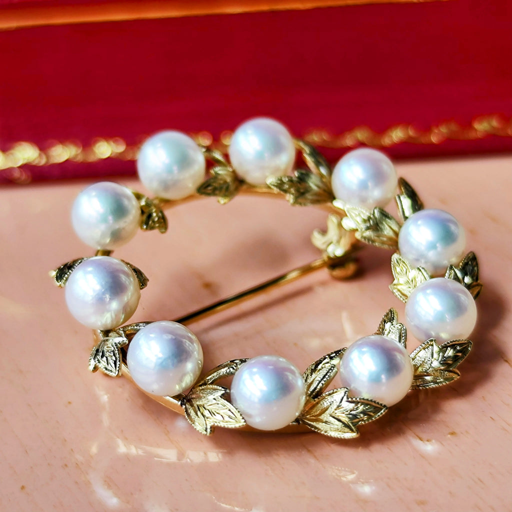 MIKIMOTO ミキモト リース型 月桂樹 ヴィンテージブローチ 14金