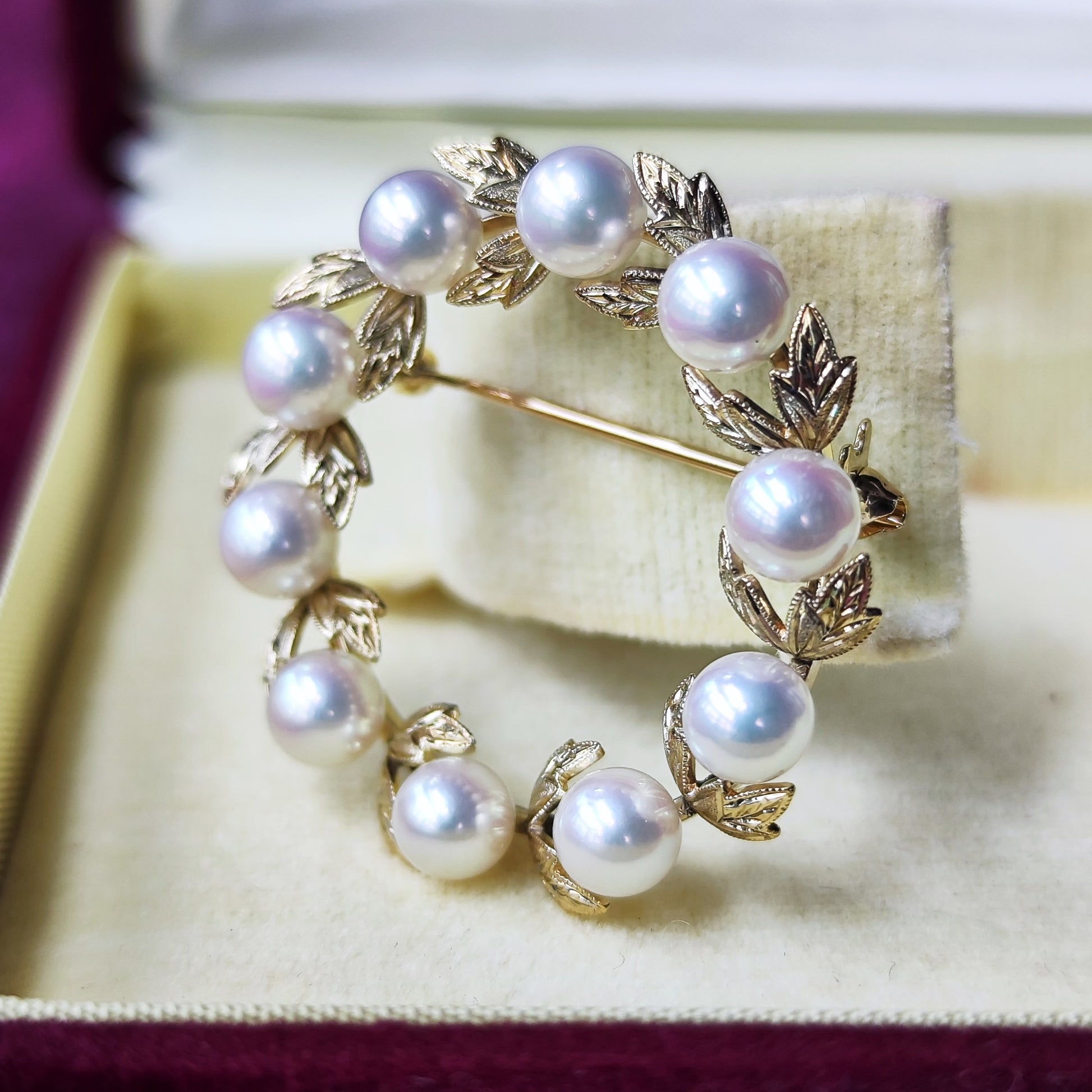 MIKIMOTO ミキモト リース型 月桂樹 ヴィンテージブローチ 14金