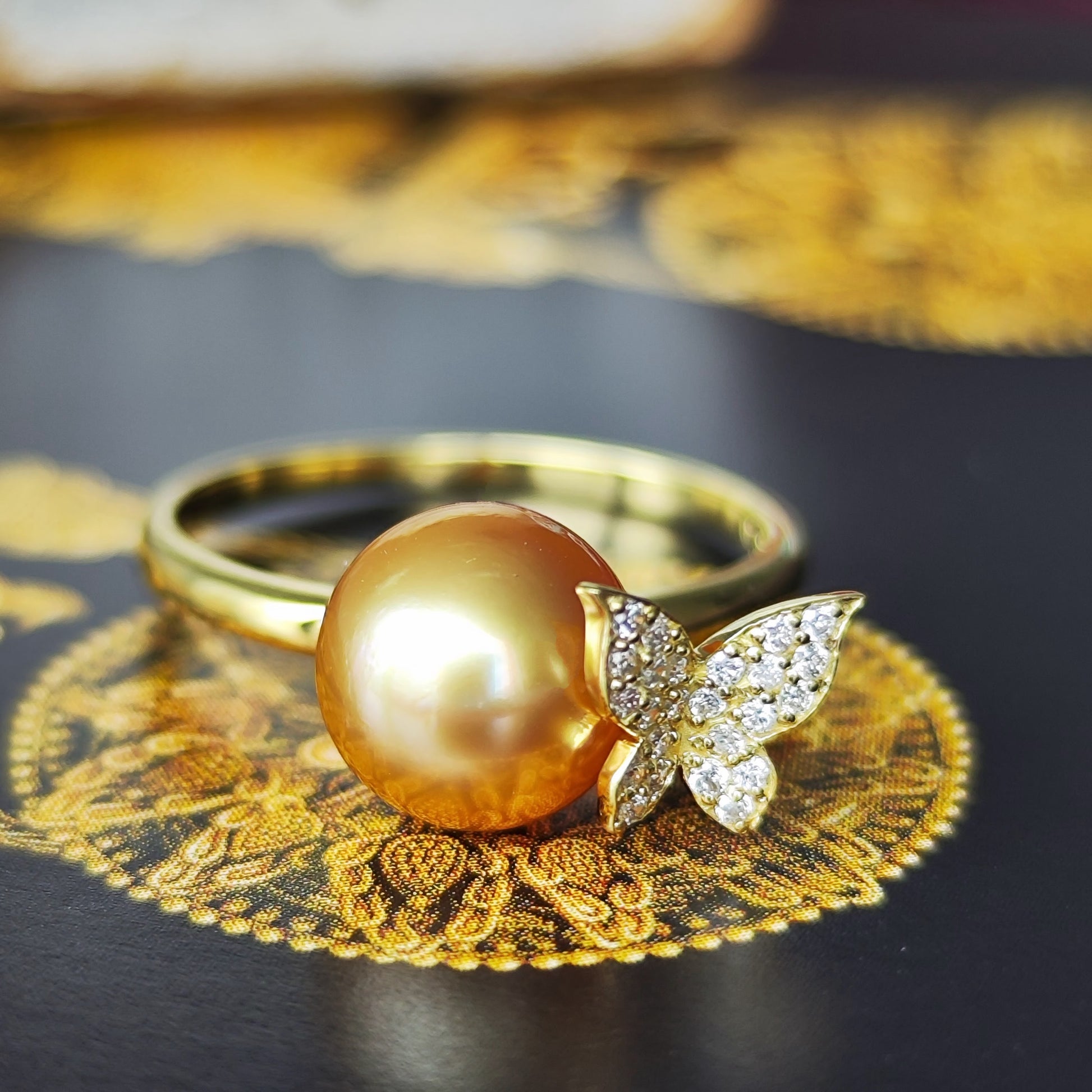 白蝶ゴールデンパール 天然ダイヤモンド 18金リング