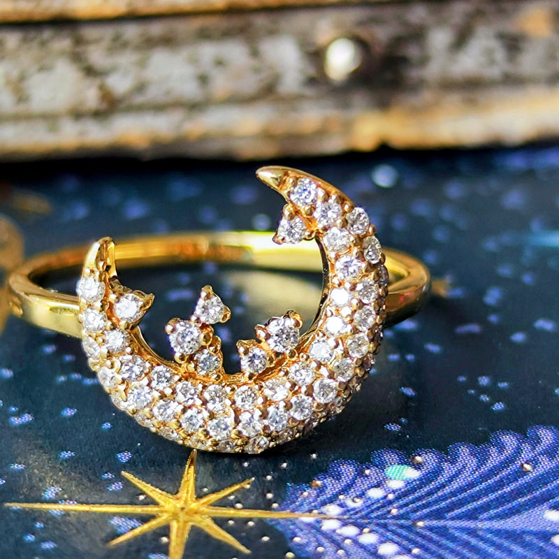 天然ダイヤモンド 月のモチーフ 18金リング