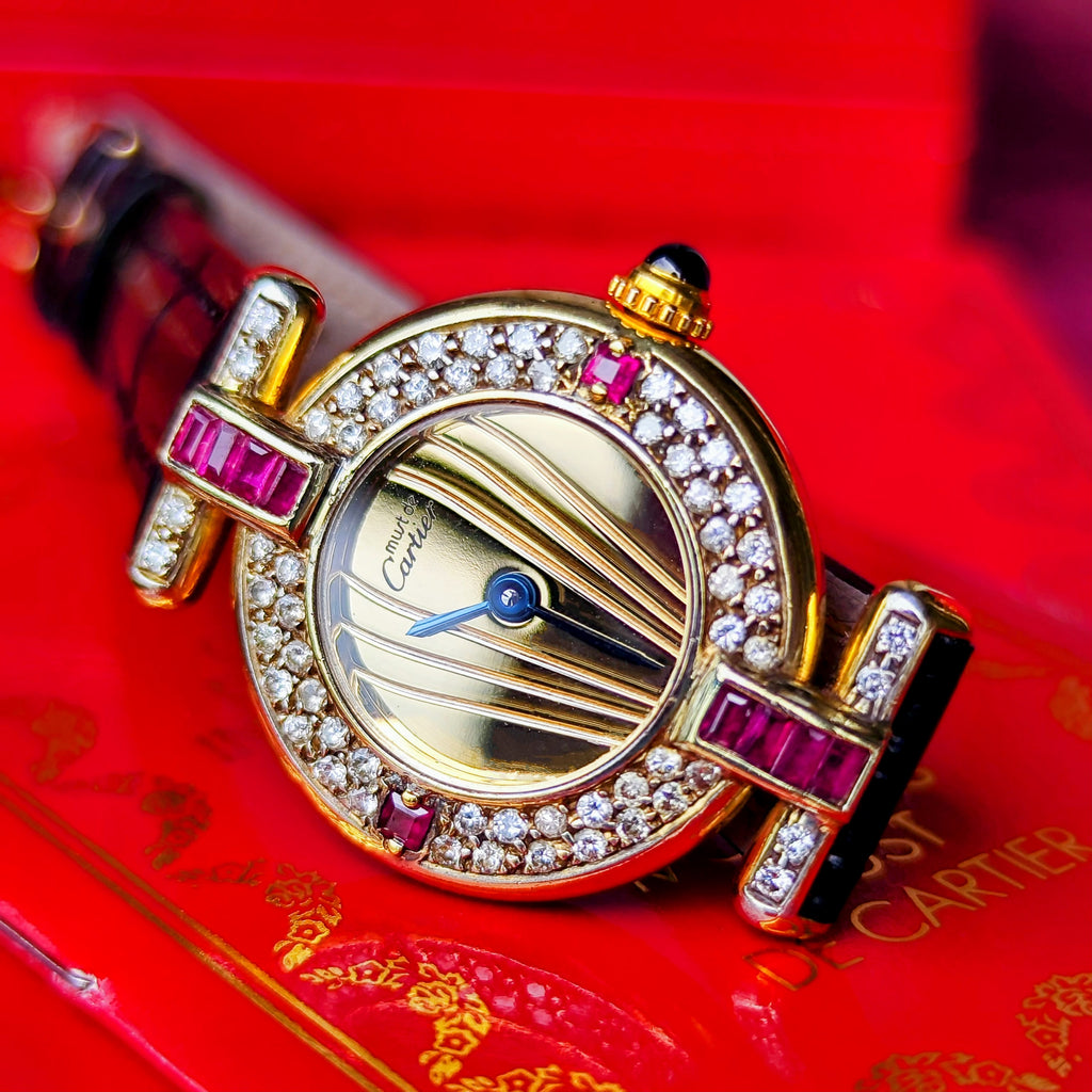 Cartier カルティエ マストコリゼ ダイヤモンド&ルビー ベゼル クォーツ腕時計
