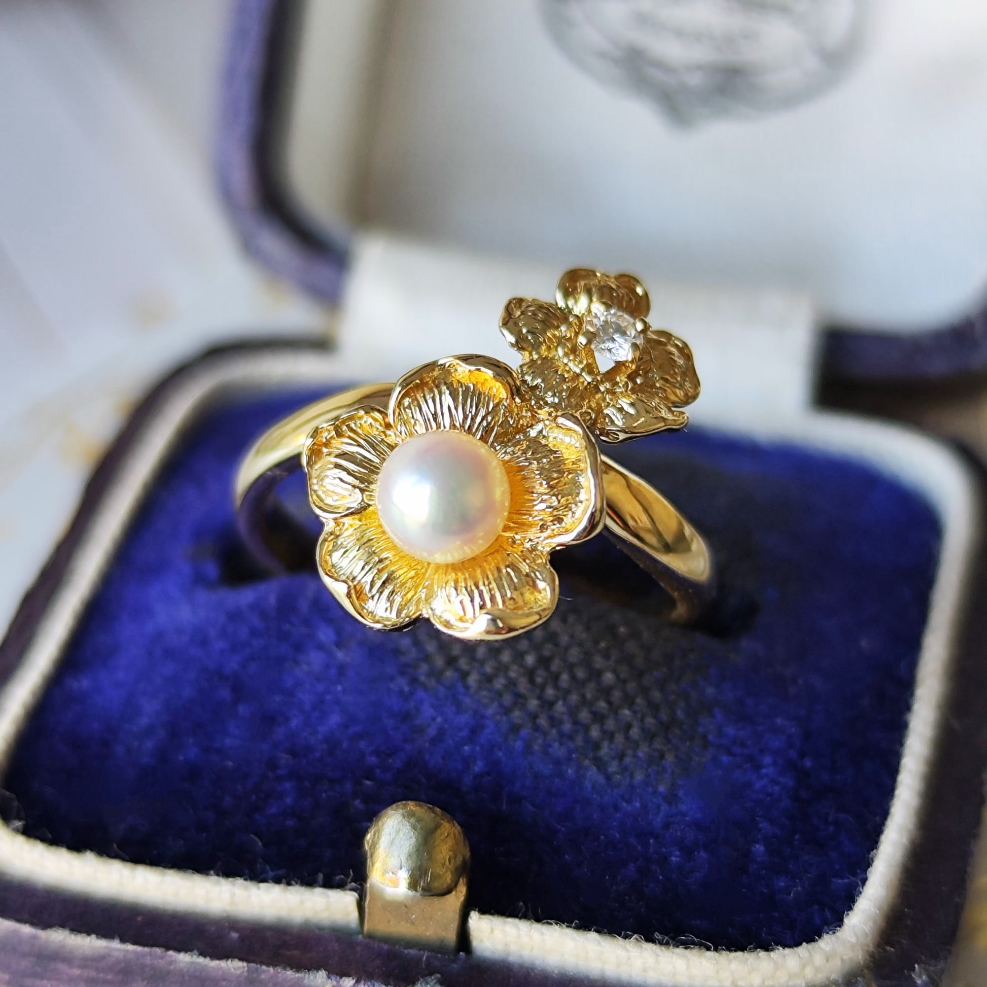 MIKIMOTO ミキモト フラワーリング 天然ダイヤモンド あこや真珠 18金