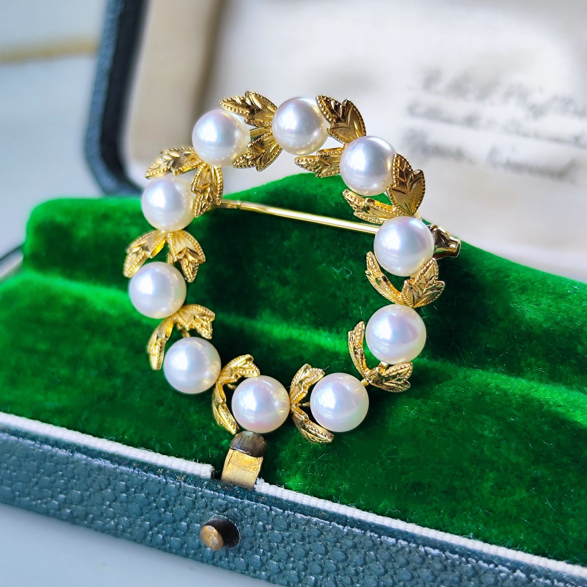 MIKIMOTO ミキモトあこや真珠 リースモチーフ ヴィンテージブローチ 18金