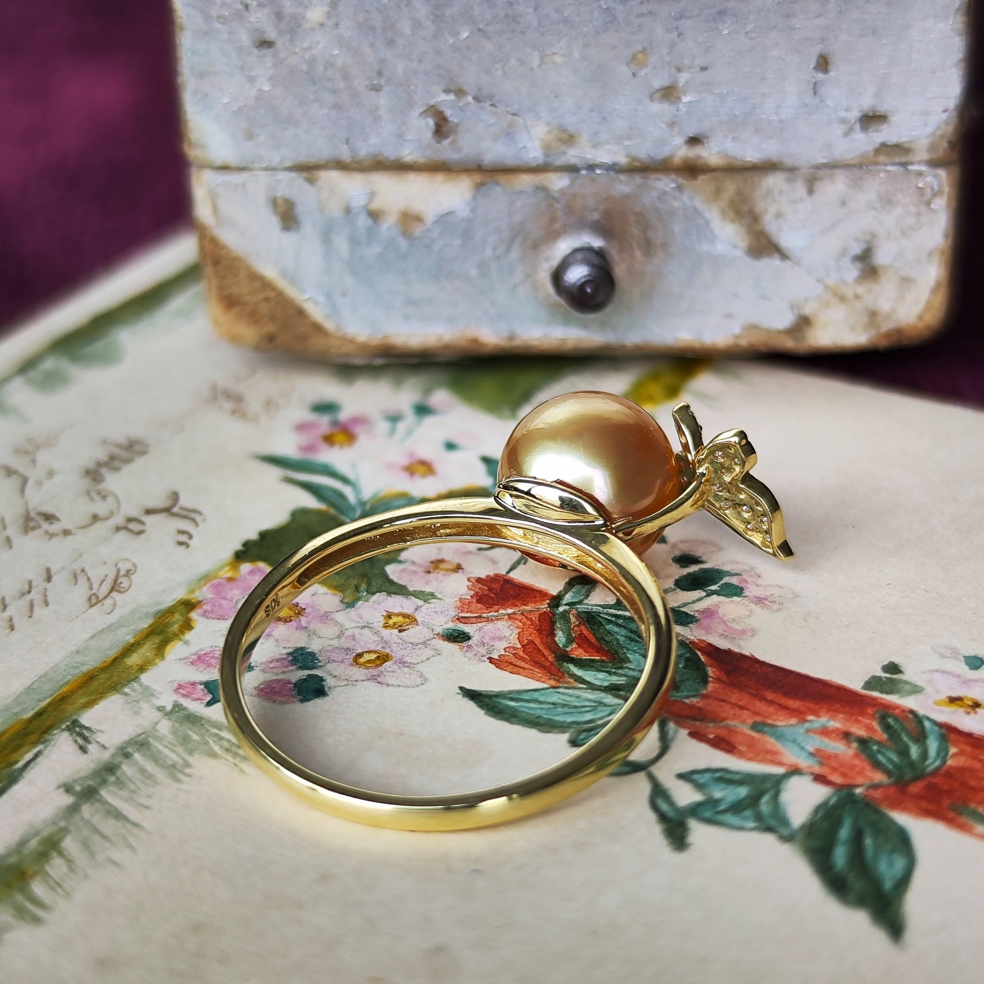 白蝶ゴールデンパール 天然ダイヤモンド 18金リング