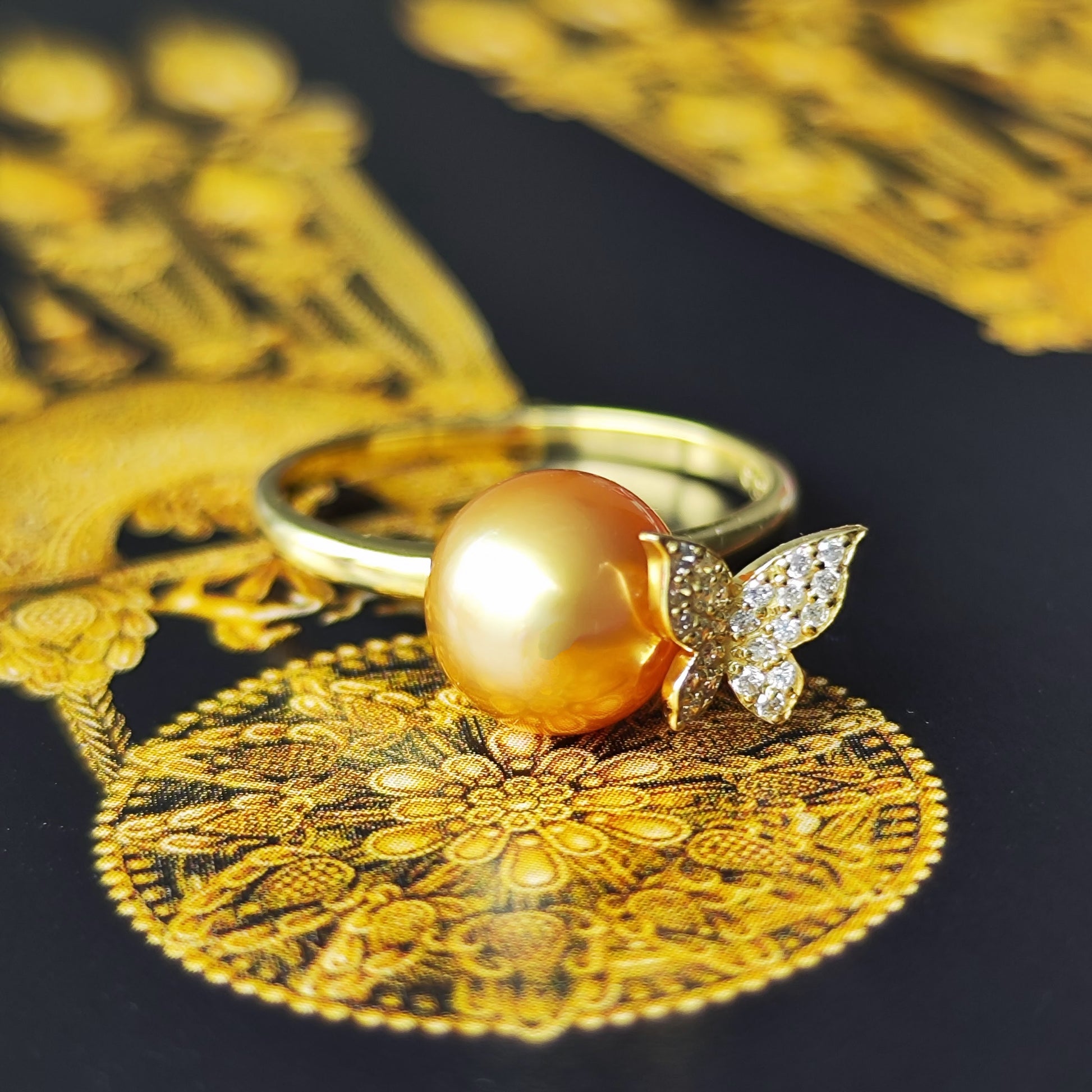 白蝶ゴールデンパール 天然ダイヤモンド 18金リング