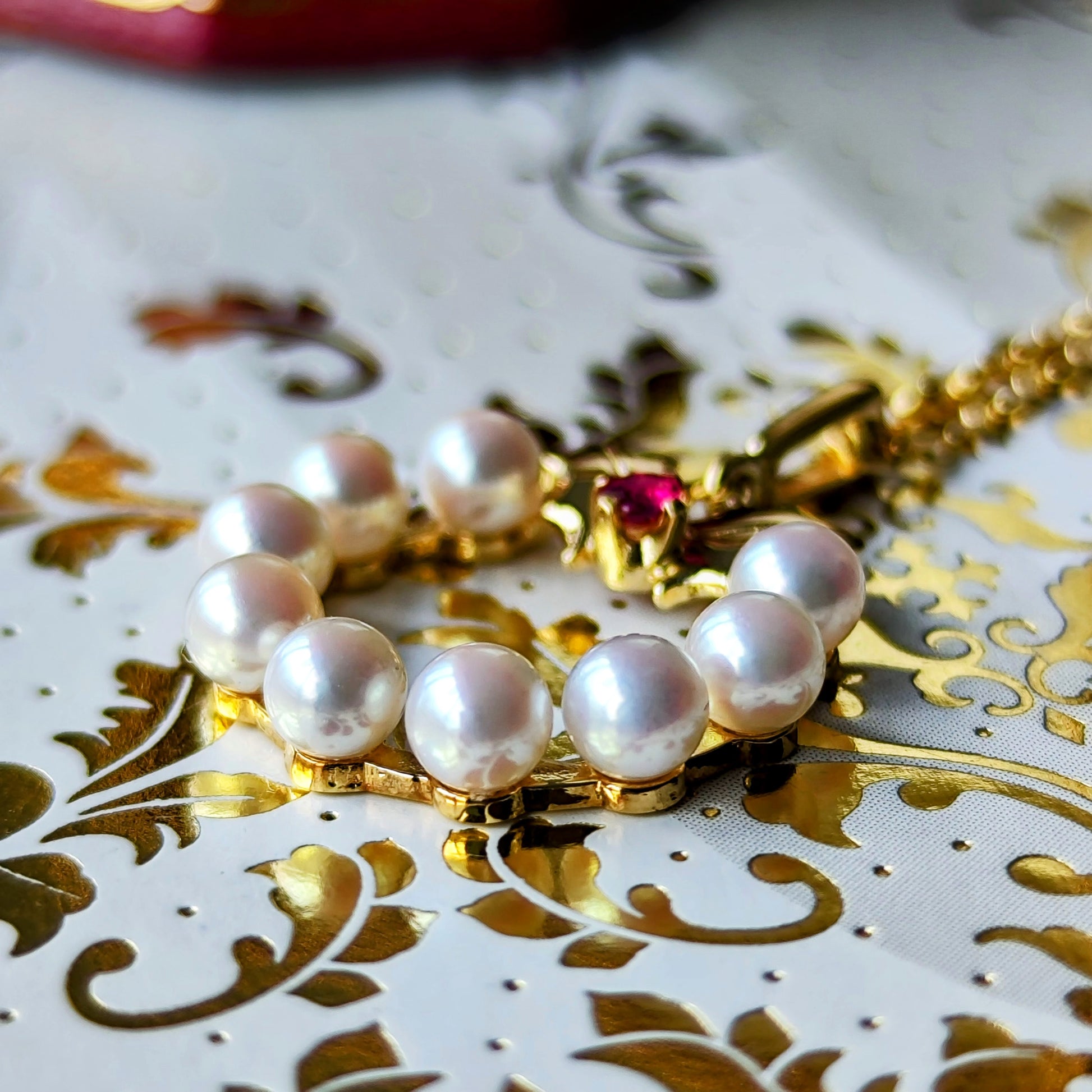 MIKIMOTO ミキモト リースモチーフ 天然ルビー あこや真珠 ネックレス