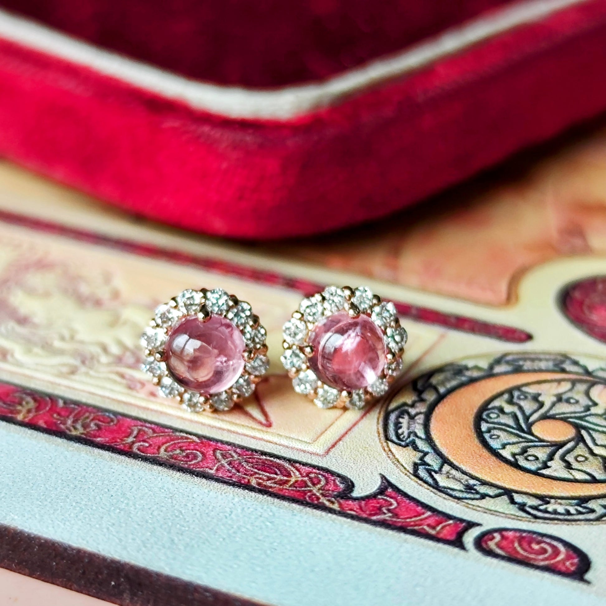 天然ロードクロサイト 天然ダイヤモンド 18金ピアス