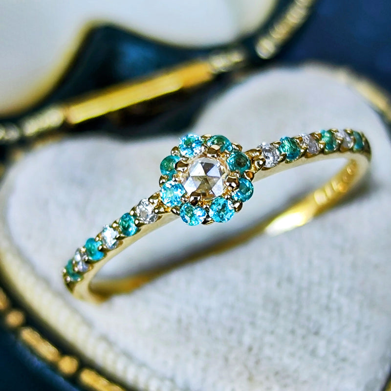 【ローズカット】天然ダイヤモンド 天然パライバトルマリン 18金リング