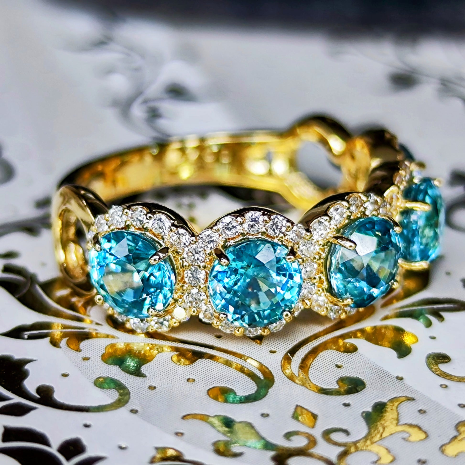 【5石】天然ブルージルコン 4.24ct 天然ダイヤモンド 18金リング