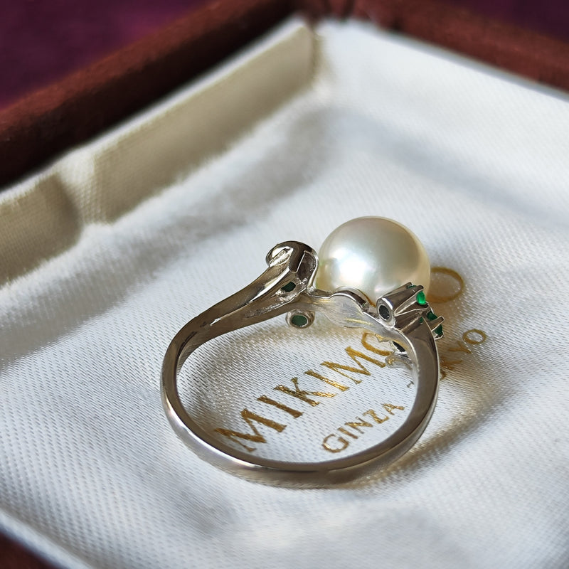 MIKIMOTO ミキモト あこや真珠 天然エメラルド 陽刻 ヴィンテージリング